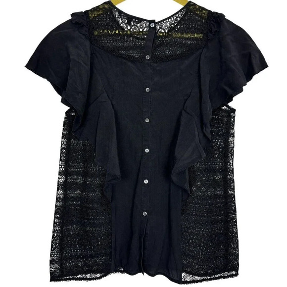 Marissa Webb Crochet Lace Silk Top Medium Black Ruffle Button Back Whimsigoth - Picture 2 of 4